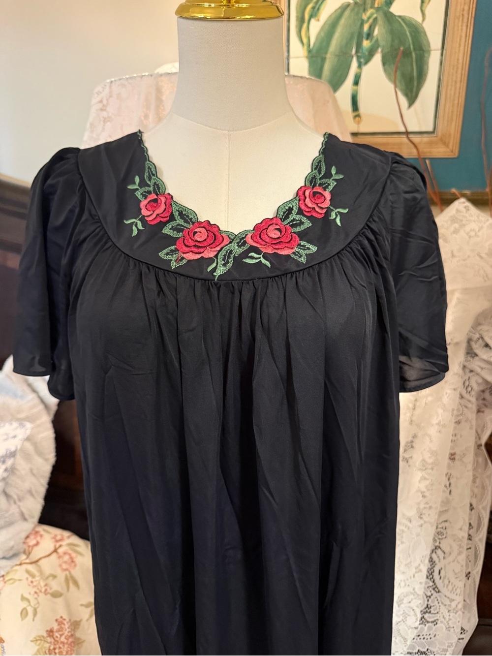 Black Nightgown with Red Rose Embroidery - Women's Sleep Chemise